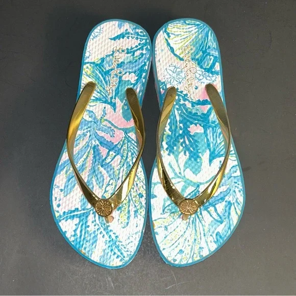 Lilly Pulitzer Multicolor Floral Gold Strap Flip Flops Sandals Womens Size 8 - Picture 5 of 12